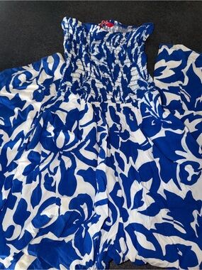Blue and White Smocked Strapless Floral Sundress